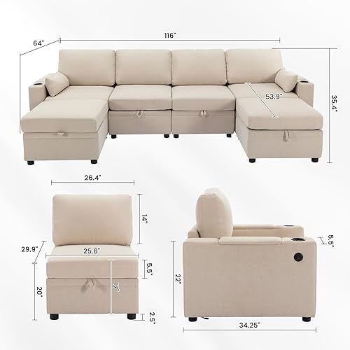 Miniatura 2 de OHAHO Sofá modular convertible con almacenamiento, moderno sofá en forma de L para sala de estar con puerto USB y portavasos (beige, 4 plazas + 2