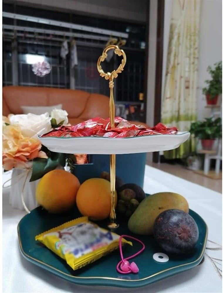 Fruit Stand Vegetables Basket 2 Tiered Serving Stand - Stairstep Sturdier Food Display Stand with Porcelain Platters ( Color : Green ) (White )