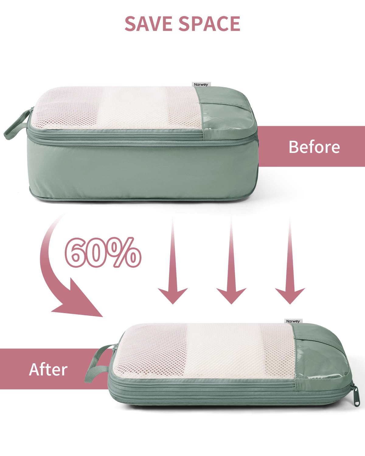Narwey Set di 6 cubi a compressione per valigie, organizer per valigie, borse organizer per zaini, borse da viaggio, cubi per bagaglio a mano, casa, scarpe, borse essenziali da viaggio (verde)