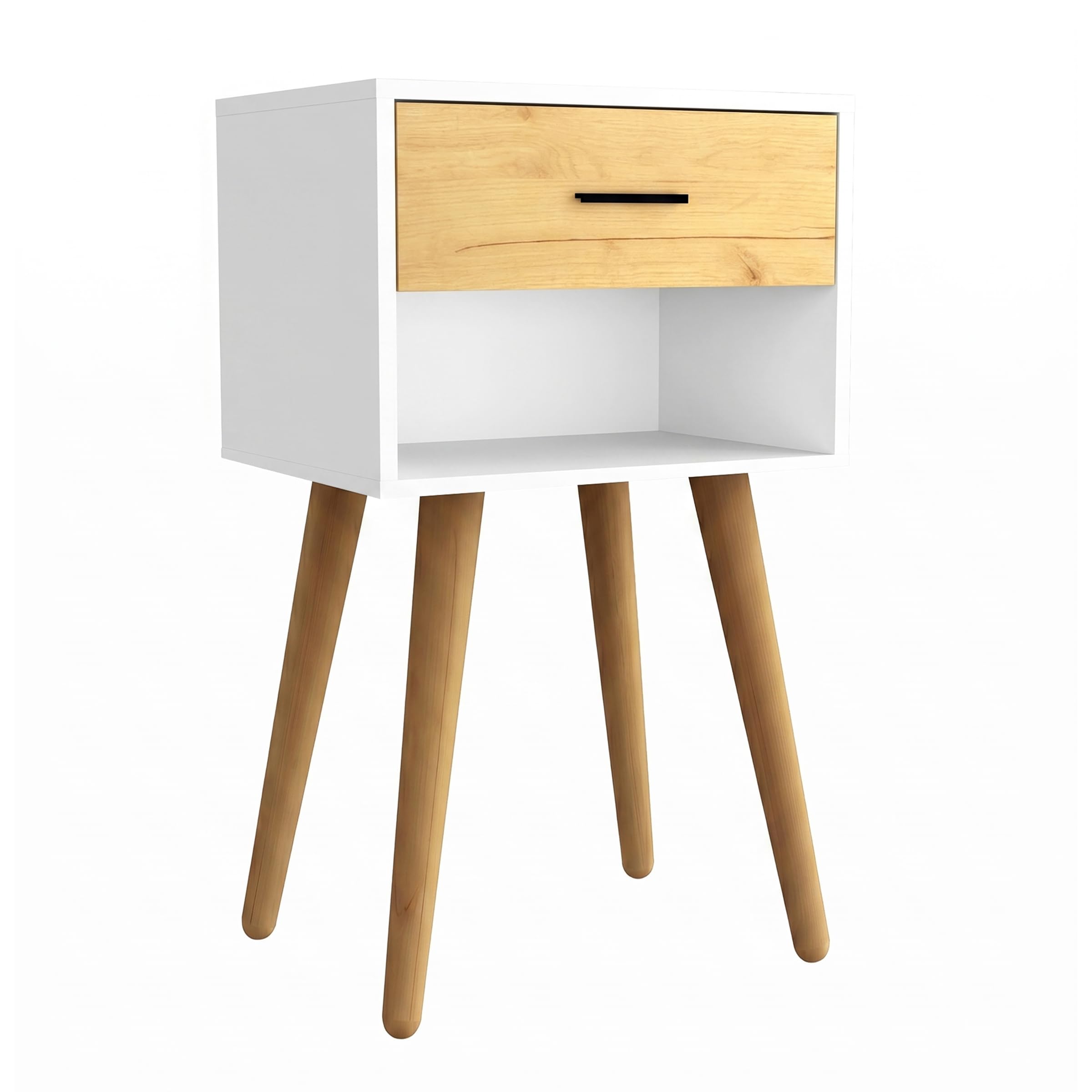VCM Nachttisch mit Schublade und Ablagefach, 45 x 30 x 70 cm, Beistelltisch im Retro-Design mit Holzfüßen - Singol XL Weiß/Honig-Eiche