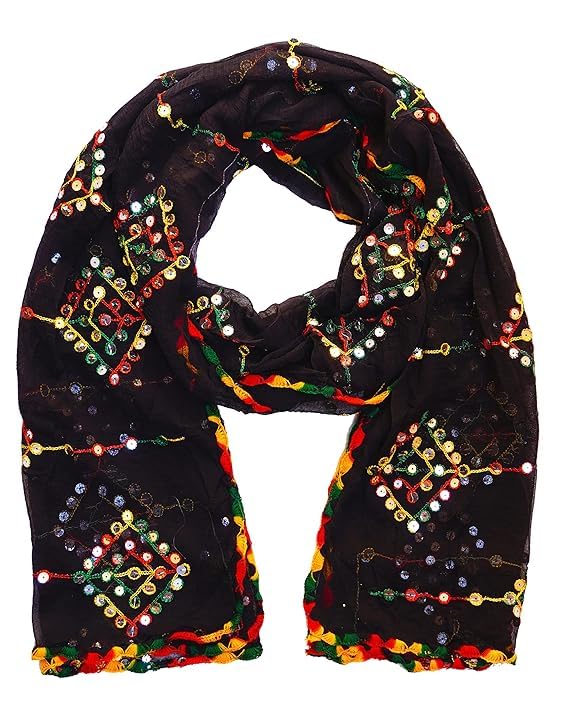 Uma Andrey Plastic Mirror Work Multi Colored Embroidered Chiffon Dupatta for Womens & Girls