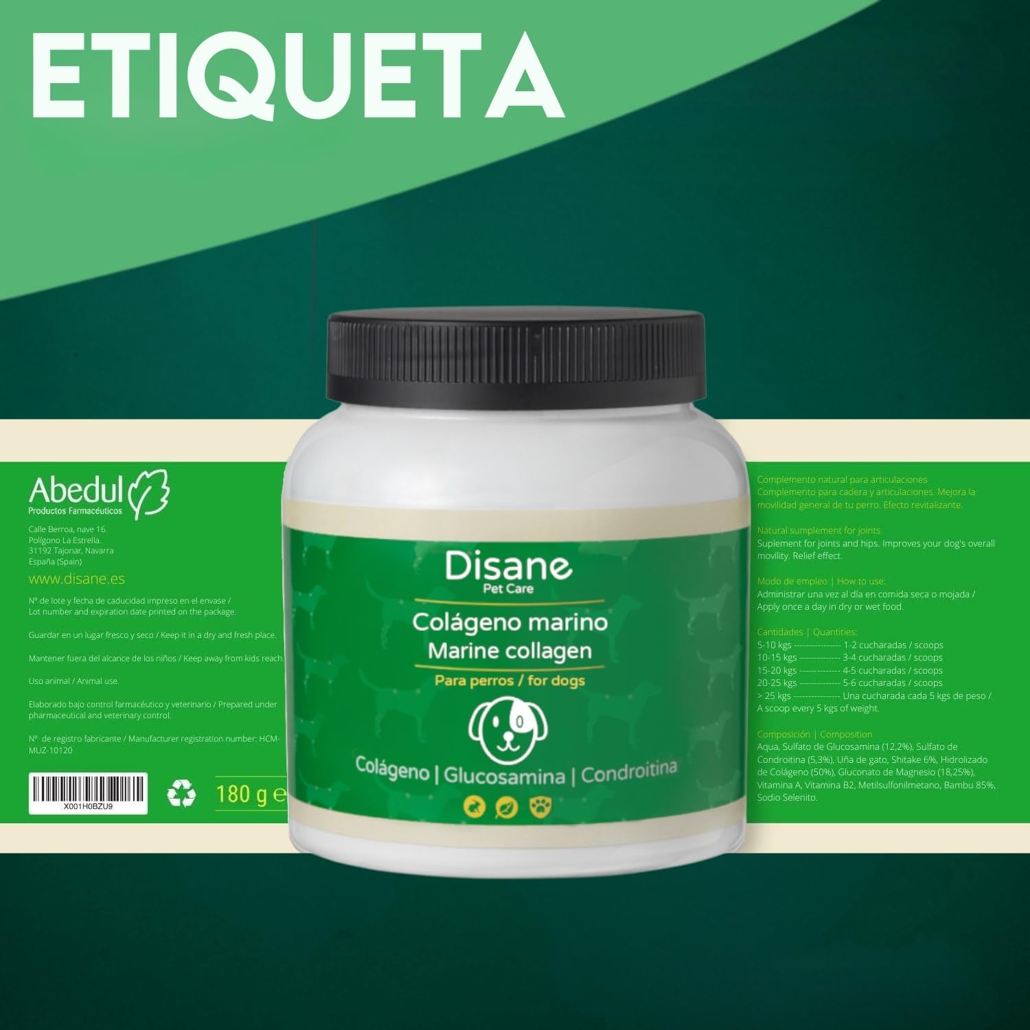 DISANE Condroprotectores Perros | condoprotector Perros Natural para Cuidado de Las Articulaciones para Perros | Protege y Restaura Huesos y Tejidos Articulares | con Colageno Marino