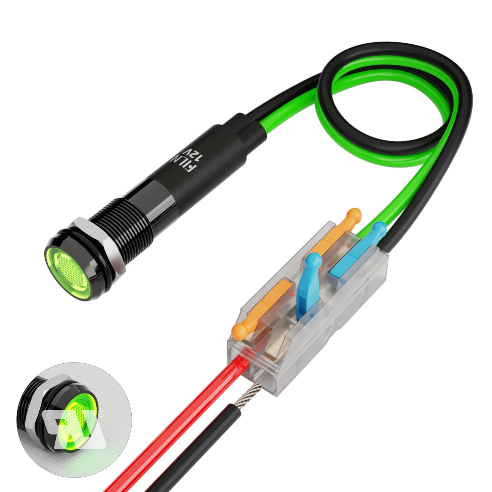 FILN 8mm Metal Indicator Lights – IP67 Waterproof, 12V, 5 Colors (Black Anodized Red) - View #2