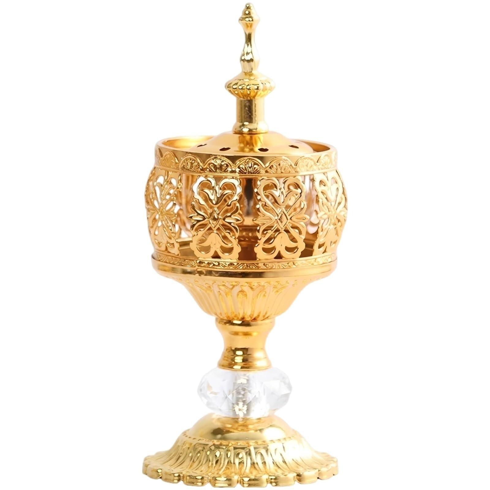 Gold Bakhoor Censer Stand – Middle Eastern Hollow Metal Lace Incense Burner – Aromatherapy Ornament for Home Decor