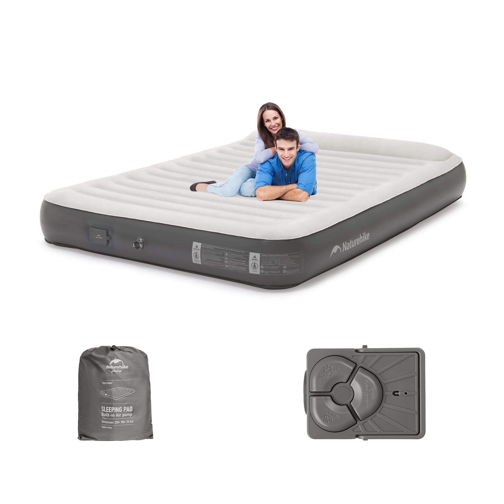 Naturehike Double Inflatable Mattress (200x150x25CM) 350KG Capacity Rechargeable Electric Pump Self-Inflating Air Bed for Camping & Home Guest Bed with Auto Inflation
