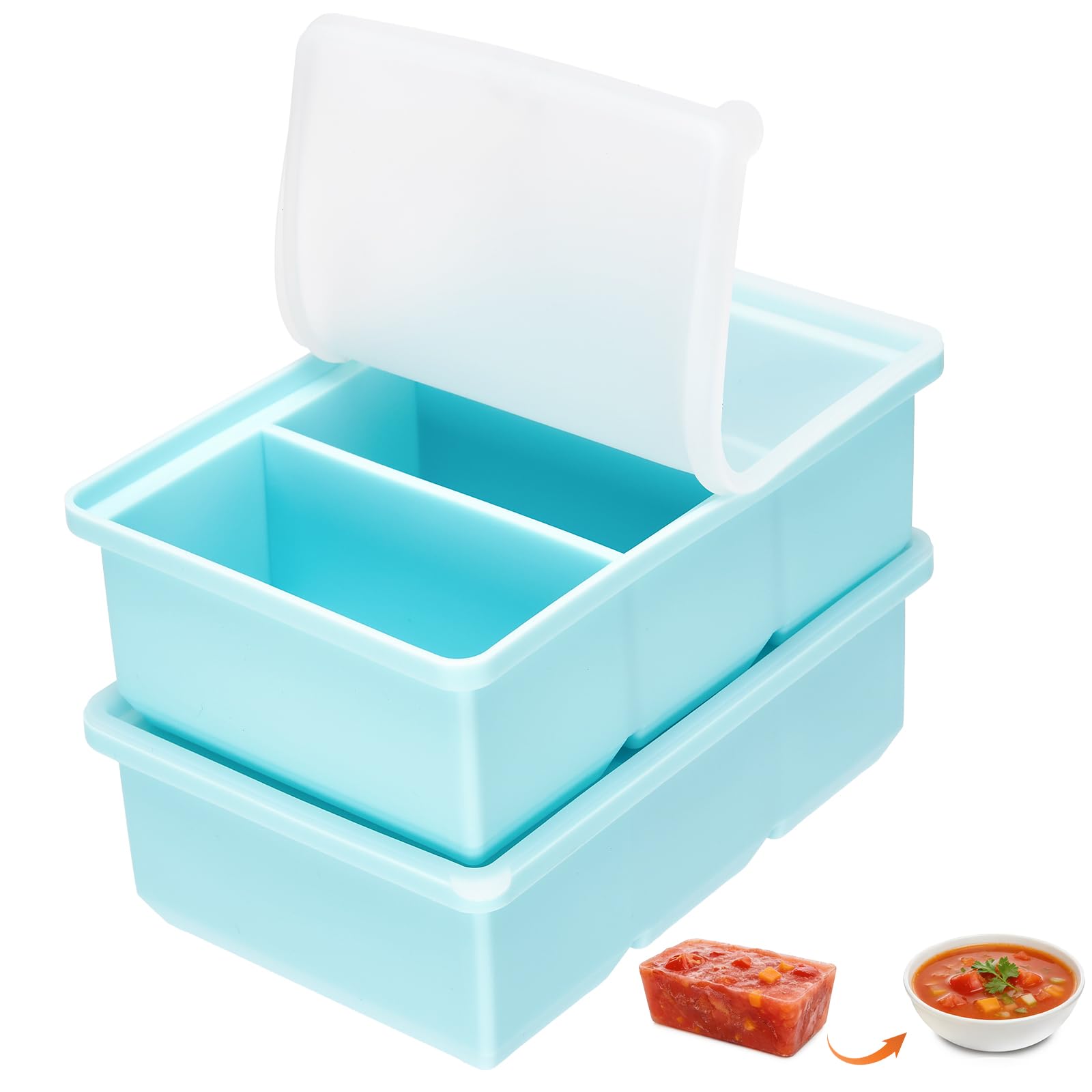 Defresit 2 Pack Freezer Trays For Batch Cooking, 660ML Freezer Containers with Lid, 3-Compartment,1-Cup/220ML Portions Cubes, Freezer Tray for Meal Prep, Soup, Sauce (Blue)