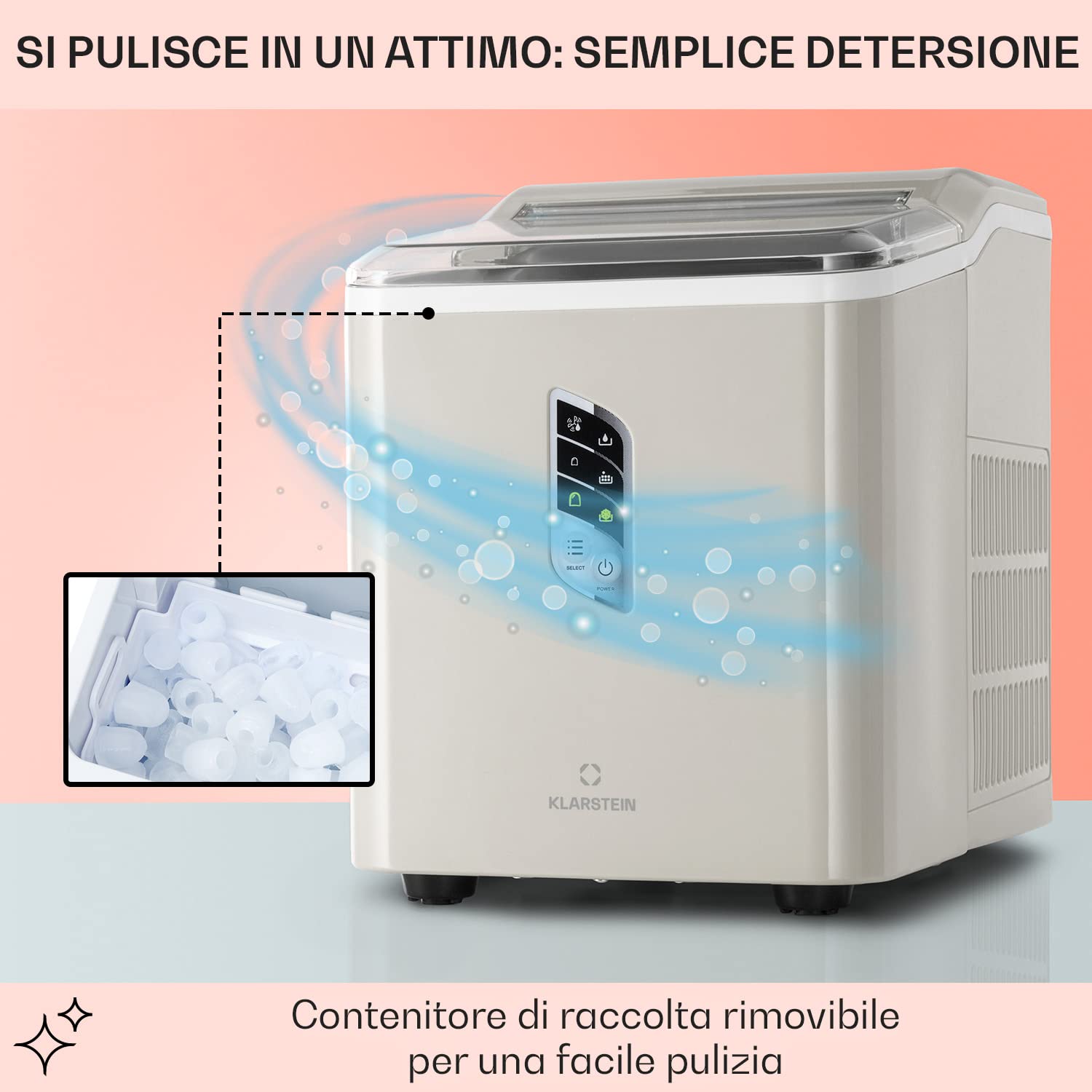 Klarstein Macchina del Ghiaccio Professionale 1.5L, Fabbricatore Ghiaccio Secco Fino a 12kg, Cubetti Grandi e Piccoli, Autopulente, Ice Maker per Casa