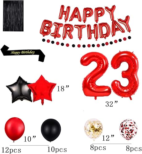 Miniatura 2 de Suministros de decoración de fiesta de cumpleaños número 23, color rojo, 16 pulgadas, papel de aluminio rojo, globos de feliz cumpleaños, banda,