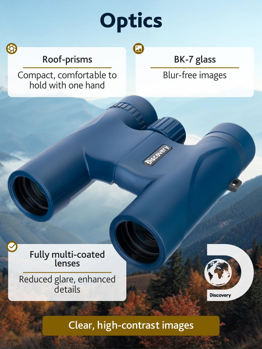 Discovery Elbrus 10 x 25 mini lornetka z pryzmatem dachowym do aktywności na świeżym powietrzu i imprez sportowych, kolor niebieski | Wielowarstwowa Optyka BK-7, Przenośna, Montaż na Statywie, Idealna do Podróży, Obserwacji Przyrody, Outdooru i Birdwatchi