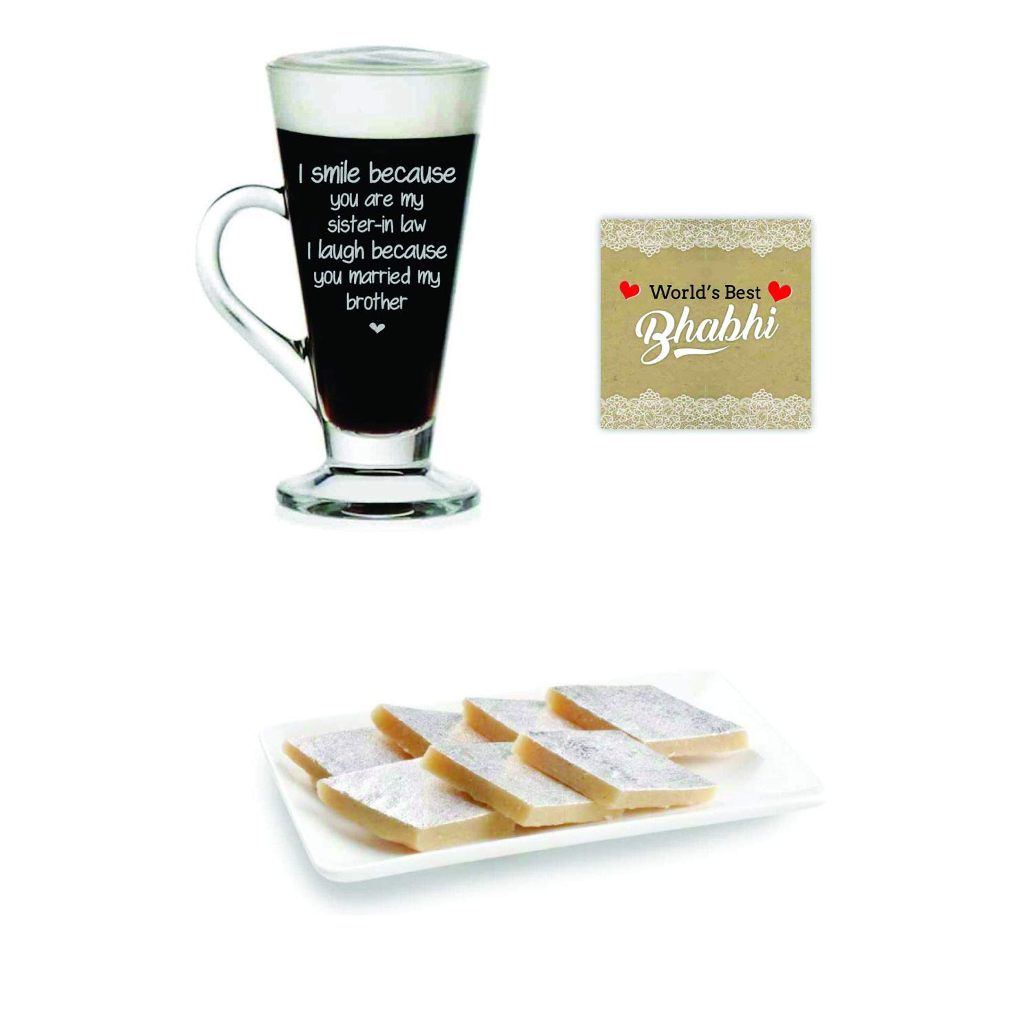 yaya cafe valentines day gift wife engraved funny teasing i smile i laugh bhabhi glass tea cup with 500 gm kaju katli sweets gifts combo