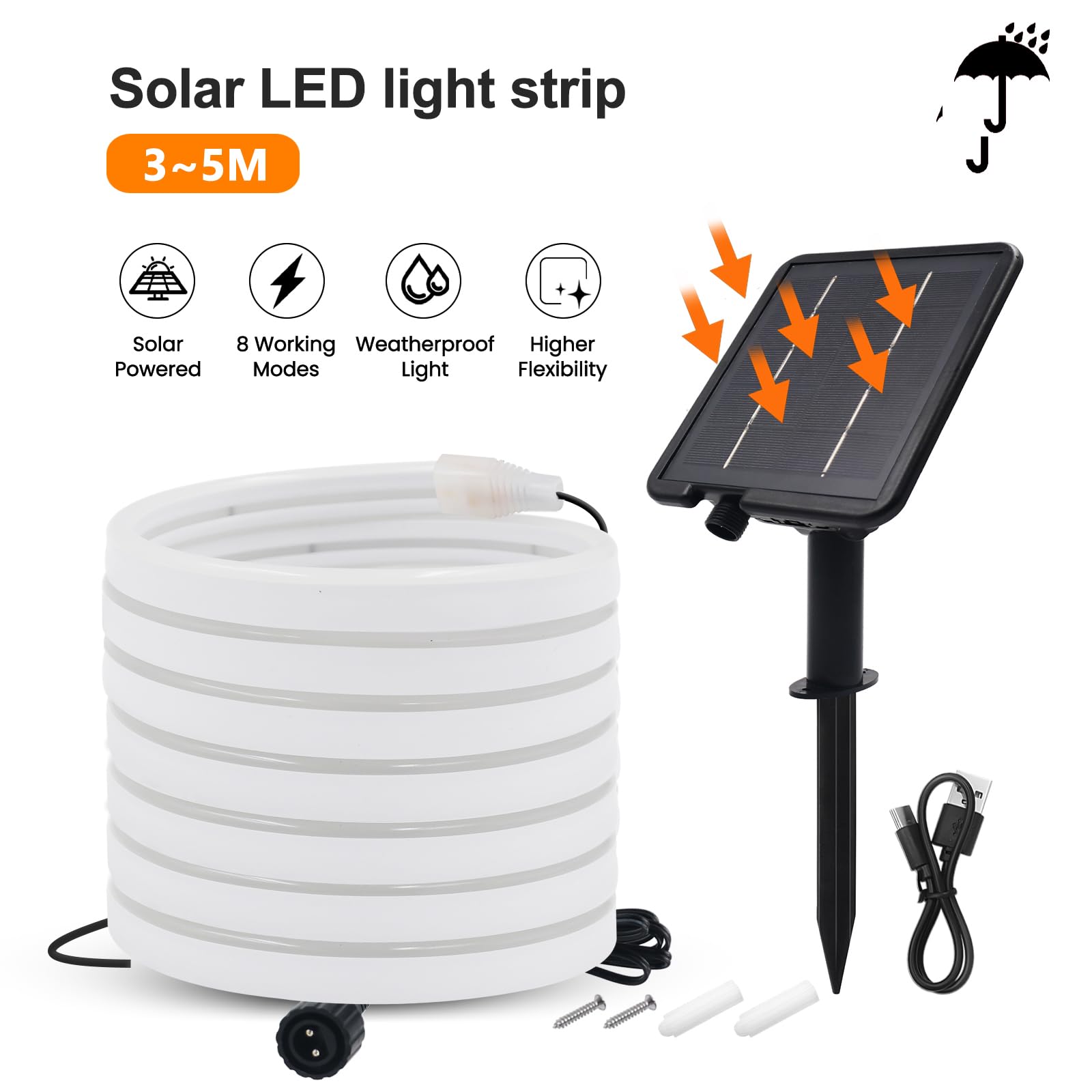 24V Solar Neon Band,Solarbetriebene 8 Modi SMD2835 LED Stripe，Cuttable 5cm,120LEDs/m Flex Neon LED Streifen für Terrasse, Innenhof(Warmweiß,4m)
