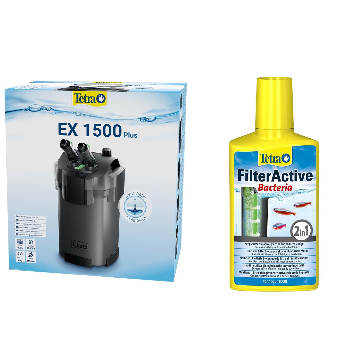 Tetra Aquarium Außenfilter EX 1500 Plus - leistungsstarker Filter für Aquarien bis 300 L + Tetra FilterActive Bacteria, 250 ml