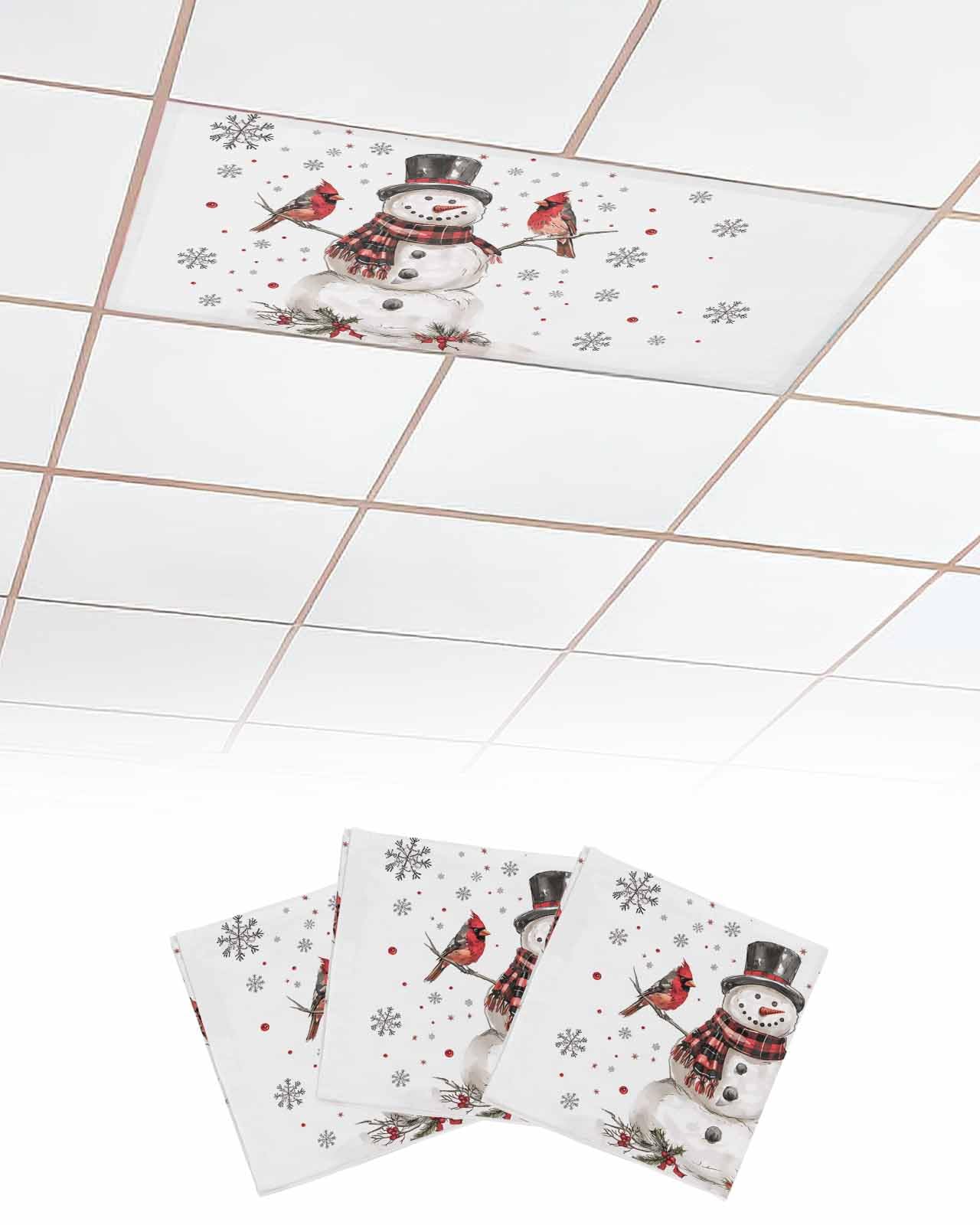 EwdeWwo Christmas 3 Pcs Fluorescent Light Covers for Ceiling Lights, Winter Snowman Snowflake Snowing Bird Magnetic Light Filters for Eliminate Harsh Glare Classroom Office Decoration, 4 x 2 Ft