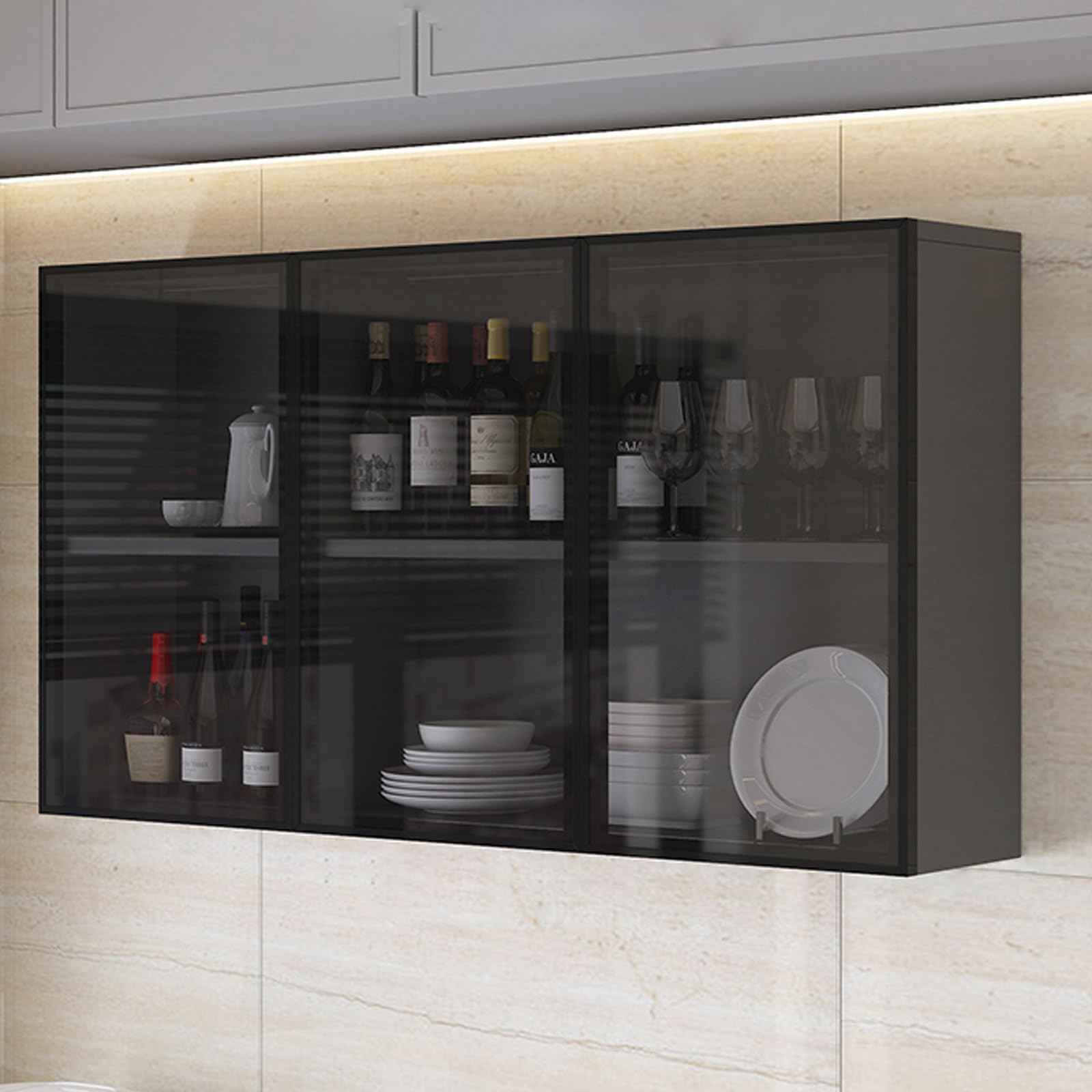Modern Glass Display Cabinet for Bathroom and Kitchen Storage Wall Mount Narrow Brown/Gray Storage Cabinet with Hidden Handle Over The Toilet Storage for Bathroom Living Room and Kitchen
