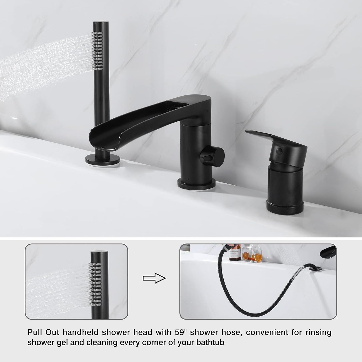 TapLong Waterfall Roman Tub Faucet with Hand Shower, Widespread Deck Mount Bathtub Faucet with Sprayer, Single-Handle 3-Holes Bathtub Shower Faucet Set in Matte Black, 03119B