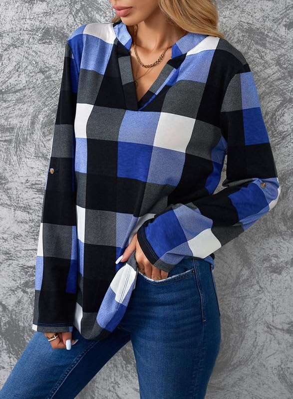 Image of Dokotoo Womens Tops Plaid Cotton Cuffed 3 /4 Sleeve Shirts Blouses