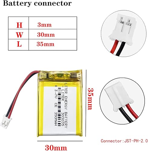Miniatura 2 de Litro 3.7V 350mAh 303035 Lipo batería recargable de iones de litio con conector JST 0.079 in