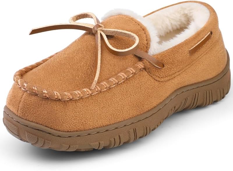 HOMEHOT Boys Moccasin Slippers Memory Foam Kids House Shoes- Nonslip Indoor & Outdoor