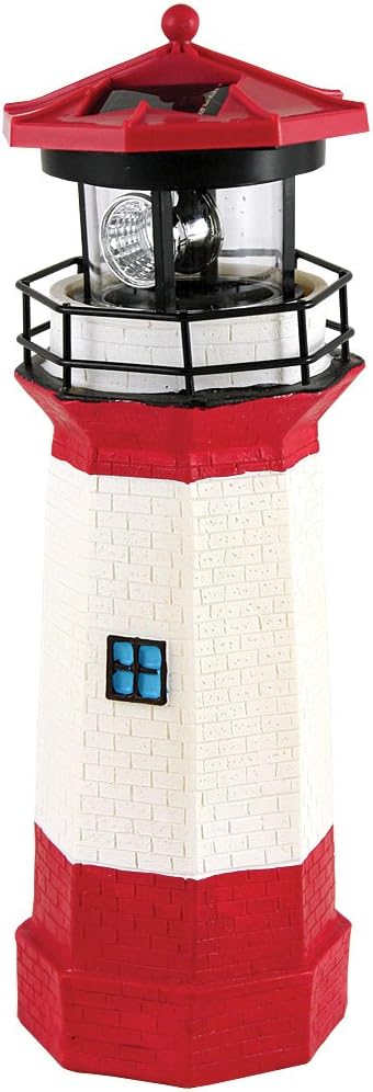 Jumbl 15" Red Solar Lighthouse with Rotating LED – Nautical Outdoor Resin Décor for Coastal Gardens and Yards