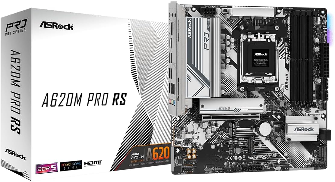 ASRock A620M Pro RS Socket AM5 Micro-ATX Motherboard, Supports AMD Ryzen 9000/8000/7000 Series, DDR5 7200+ (OC), 6+2+1 Power Phase, Dual M.2, Dual USB Type-C