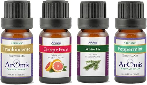 ArOmis Holiday Kit (0.3 onzas líquidas), incienso, pomelo, abeto blanco, menta 100 %, cuatro botellas de 0.34 onzas de aceite esencial de grado