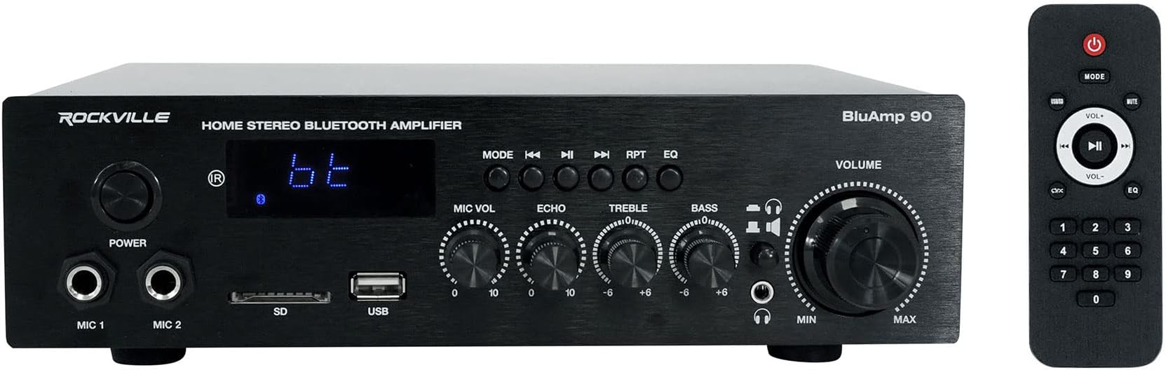 BLUAMP 90 60W RMS Home Stereo Bluetooth Receiver Amplifier, HDMI ARC, Phono Input, USB/SD Playback, Mic Echo Control, for Home Audio and Karaoke