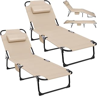 Klappbare Sonnenliege Leicht, Gartenliege, Garten Liegestuhl mit 5-Fach Verstellbar, Strandliege Klappbar, Campingliege Faltbar Leicht, 150 Kg, Bequem, für Garten, Pool, Balkon, Strand (Beigex2)