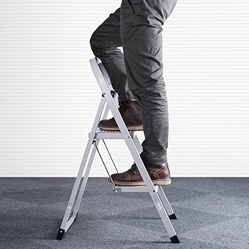 Delxo 2 Step Ladder Folding Step Stool Ladder with Handgrip Anti-Slip Sturdy and Wide Pedal Multi-Use for Household and Office Portable Step Stool Steel 300lbs White (2 feet)