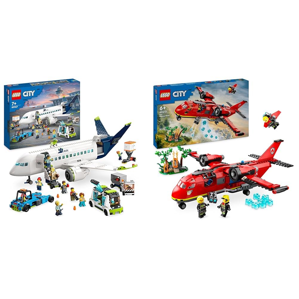 LEGO City Passagierflugzeug Spielzeug-Set & City Löschflugzeug, Feuerwehr-Set mit Flugzeug-Spielzeug