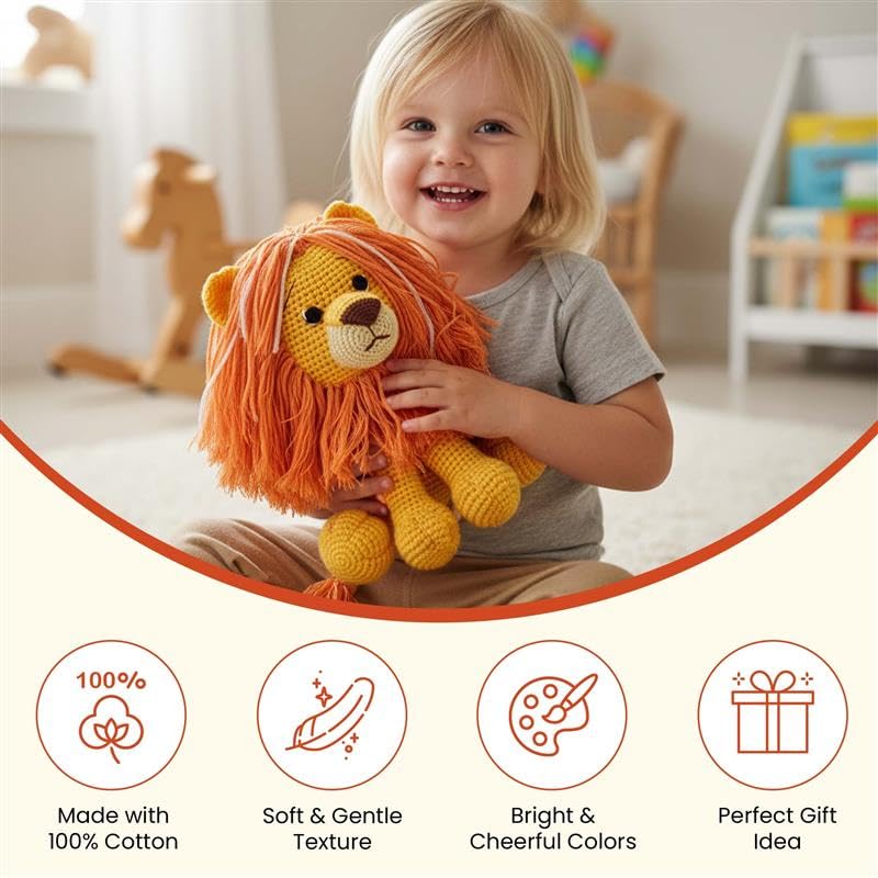Image of Happy Threads Handmade Crochet Lion Toy for Kids - Asad Lion | 25 cm Cute Stuffed Animal Soft Toys for Boys & Girls | Bis Certified, Safe & Durable Knitted Toys for Newborn, (100% Cotton)