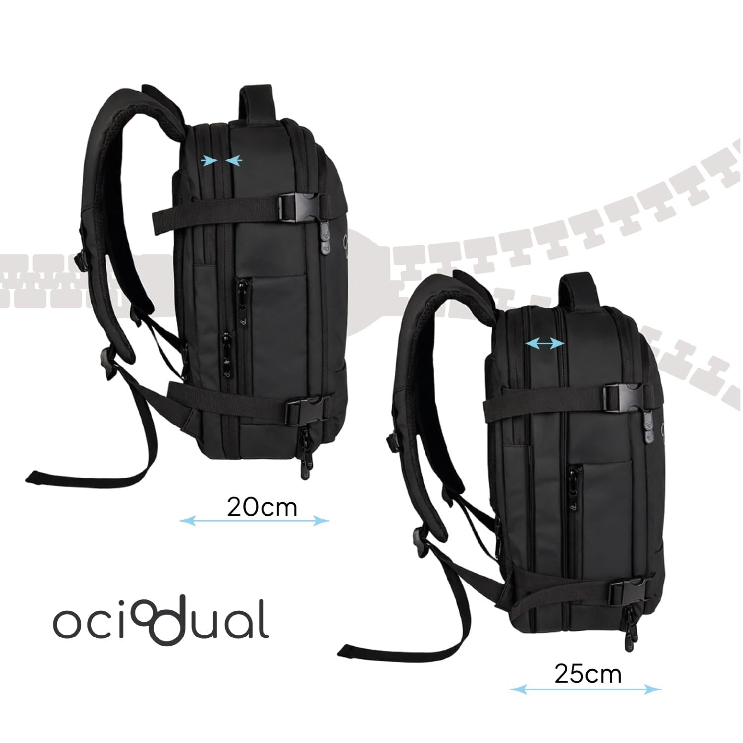 OcioDual Großer Handgepäck Rucksack 55x40x20 cm, Erweiterbar auf 55x40x25 cm, Kabinenrucksack für Flugreisen, Reiserucksack mit Laptopfach 17 Zoll, Wasserabweisend