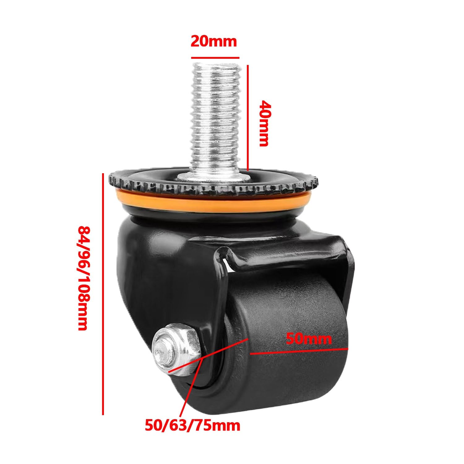 Ruote girevoli industriali da 2/2,5/3 Pollici con Cuscinetto, Stelo filettato M20*40, Set di 4 Ruote di Ricambio in Nylon per impieghi gravosi, con Freno, capacità di carico Massima 1800 kg