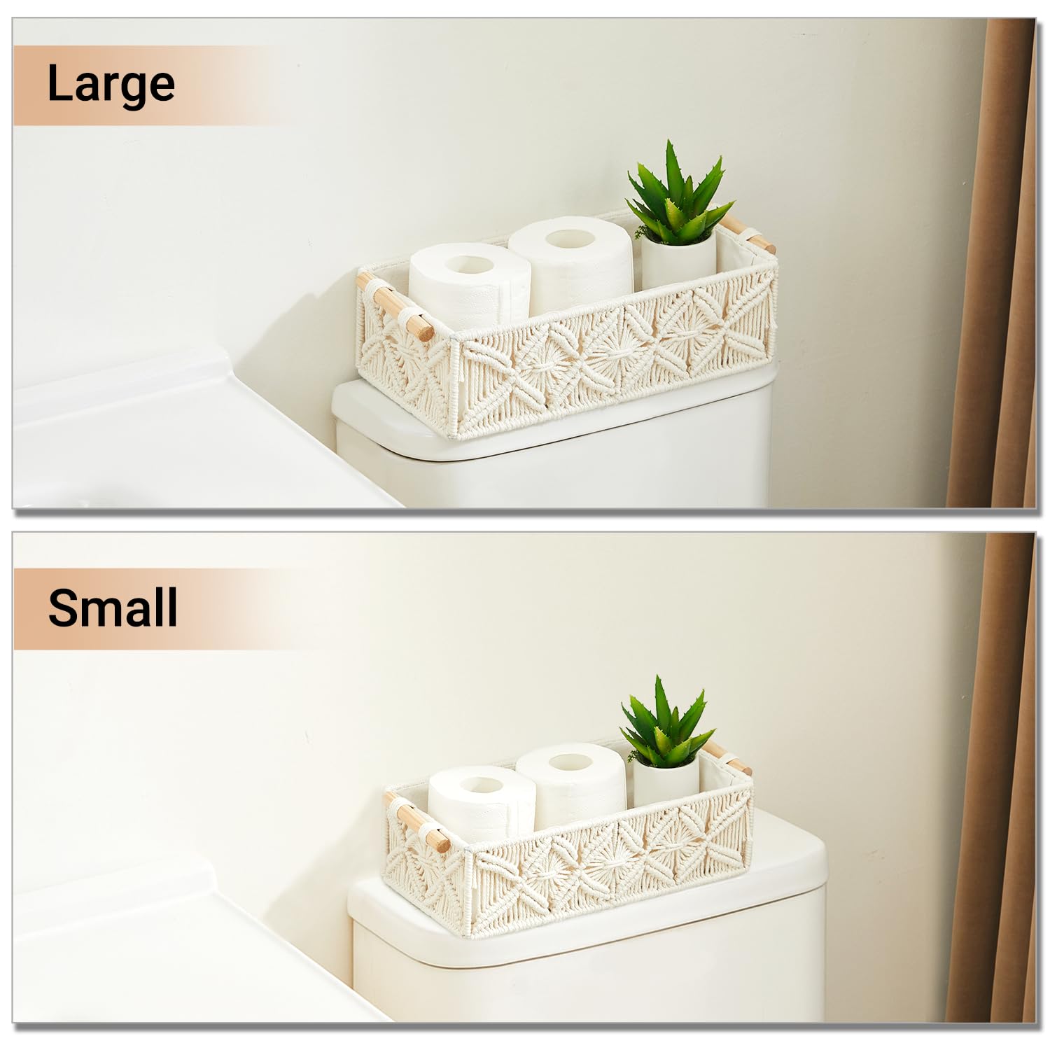 Nonam Macrame Storage Baskets, Boho Decor Style Woven Storage Boxes for Home Organization, Toilet Tank Shelf Cabinet Organizer Baskets,Set of 2 - White