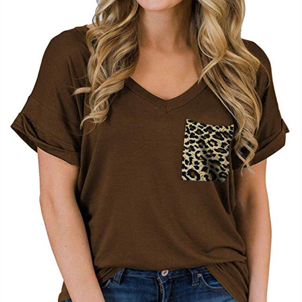 Spring And Summer Plus Size Women's T-Shirt V-Neck Pocket Curly Short-Sleeved Loose Top Casual Clothes T-Shirt Top Women,Brown,XXL