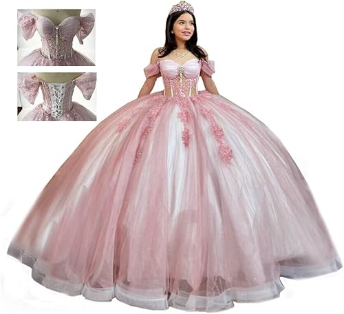Miniatura 4 de Mouccy Vestidos de quinceañera de encaje con purpurina con cuentas y hombros descubiertos dulces 16 vestidos con tren perlado XV vestidos para