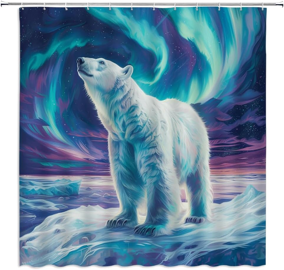 Polar Bear Shower Curtain Wild Animals Cute Funny Bear Snowy Mountain Winter Night Starry Sky Ocean Arctic Outdoors Watercolor Fabric Bathroom Decor Curtains with Hooks,80 x 70