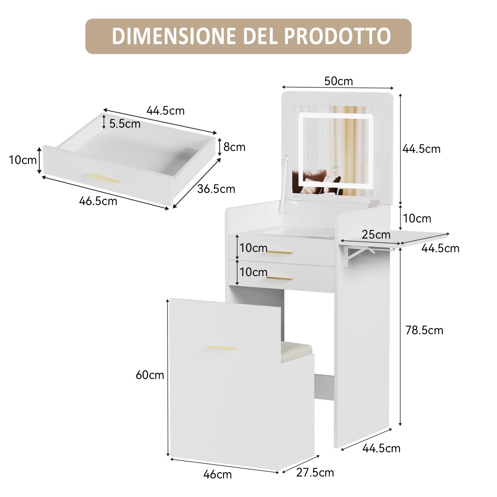 YU YUSING Toeletta 3 in 1 con Specchio LED Ribaltabile, Toeletta Trucco con Sgabello Contenitore, Postazione Trucco, Tavolo Trucco Salvaspazio, 2 Cassetti e Ripiano in Vetro, Bianca
