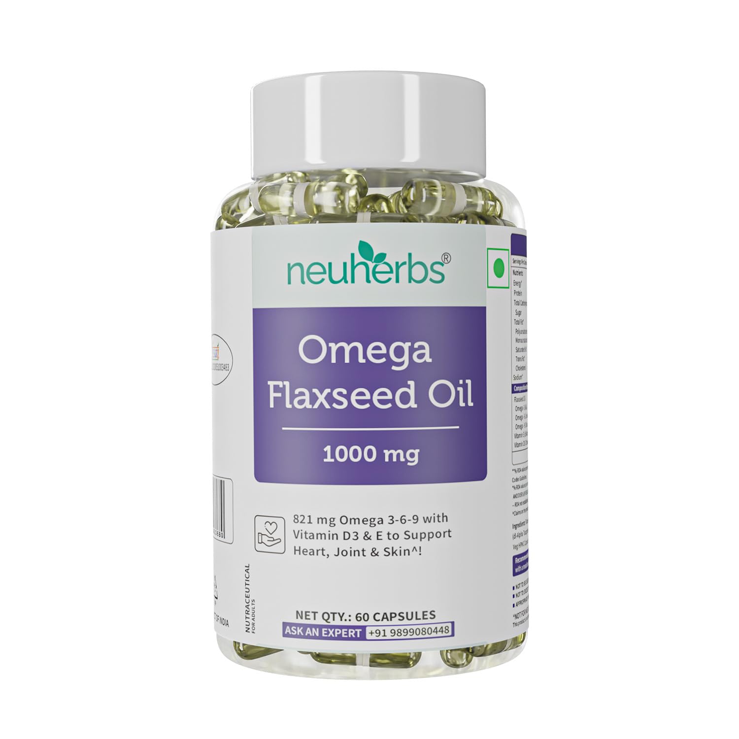 Neuherbs Veg Omega 3 1000mg- 60 Capsules| Cold Pressed Flaxseed Oil Capsule with Omega 3-6-9 For Men & Women | Total 821mg Omega3 with Vitamin D3 & E to Support Heart, Joint & Skin | Veg Capsule Shell Omega3 (B0C2HVVRBC) Amazon Price History, Amazon Price Tracker