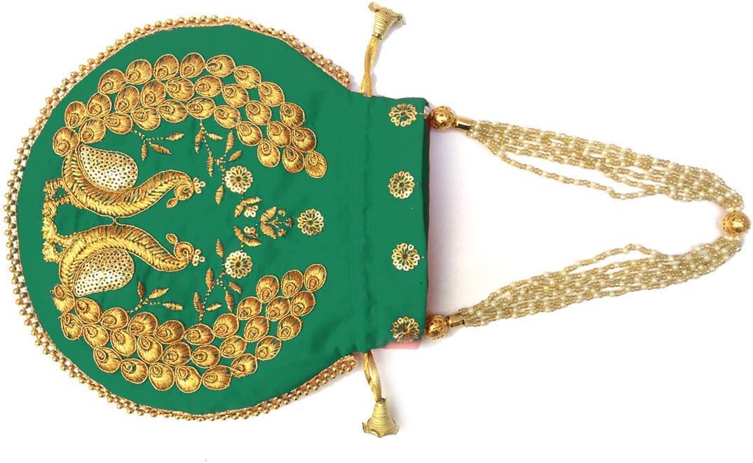 Indian Ethnic Designer Embroidered Silk Potli Bag Batwa Pearls Handle Purse Clutch Purse for Women thumbnail