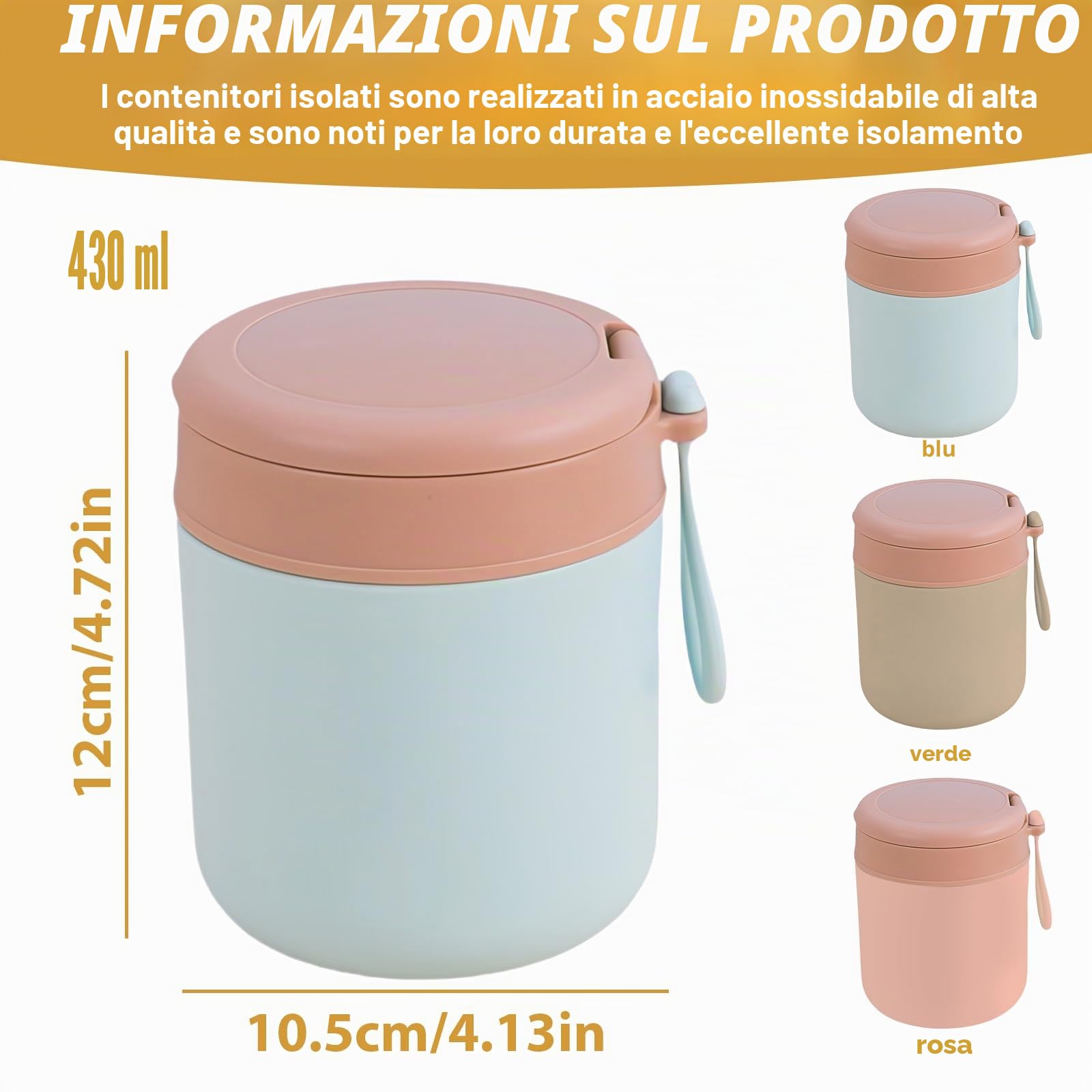 Contenitore termico in acciaio inox per cibi: 3 ciotole termiche, contenitore termico sottovuoto isolato, contenitore termico Essen to go (blu, rosa + bianco) (blu, rosa, verde, 430 ml)