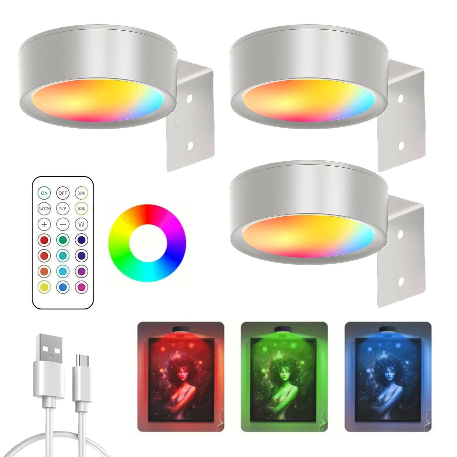 Magnetisches Mallicht Mit 13 Beleuchtungsmodi, Magnetische LED Bilderleuchte, Bilderleuchte Kabellos Mit Fernbedienung Und Timer, für Bilder Dartboard Fotorahmen Portrait (Weiß-13-Farben, 3Pcs)