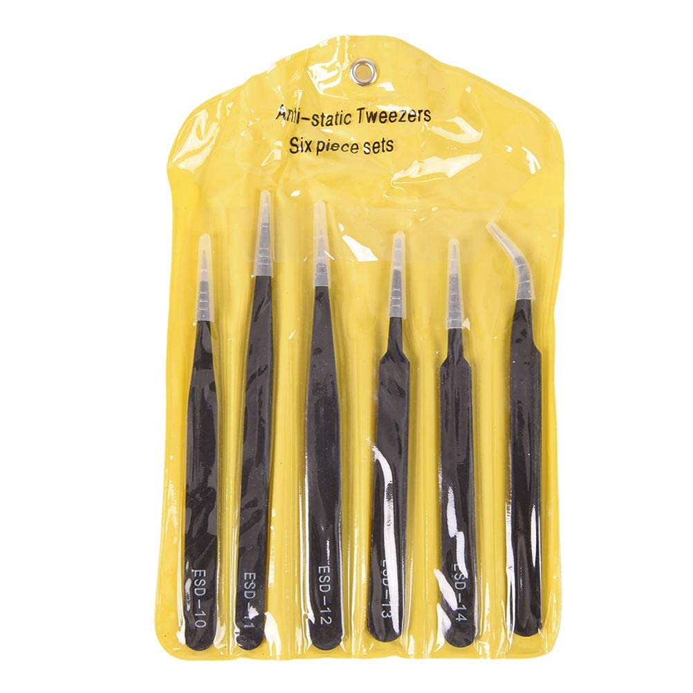 Sky Black Anti-Static ESD Tweezer Set - 6 Pcs, Stainless Steel, Curved & Pointy Tips, For Electronics, Craft, Jewelry & Lab Work