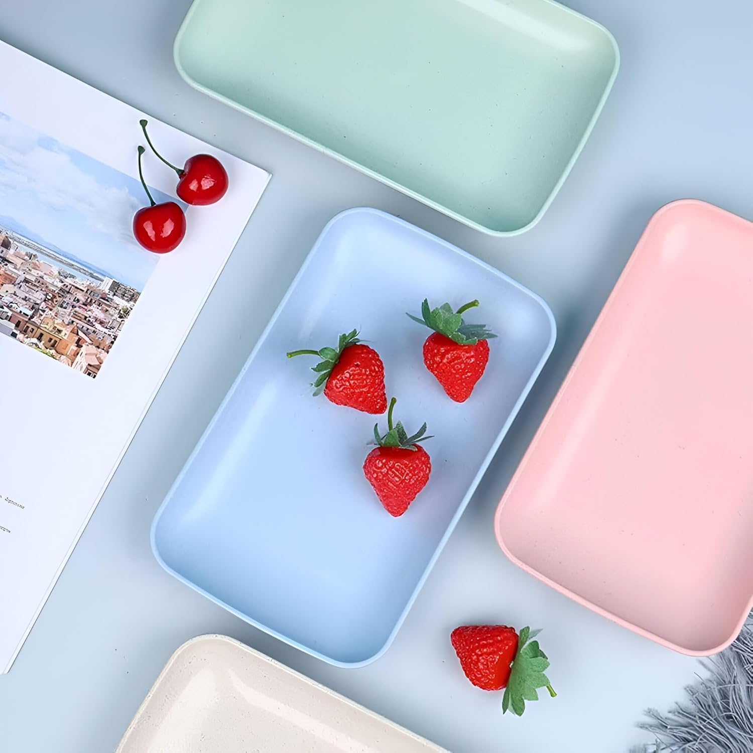 Jeyux Small Dessert Plates Fruit Dish - Rectangular Serving Plate for Snacks, Salad, Cupcake, Breakfast, Dinner - Home, Kitchen & Café Use - Daily Use Crockery Set for Dining Table (Blue, Pack of 6) 2