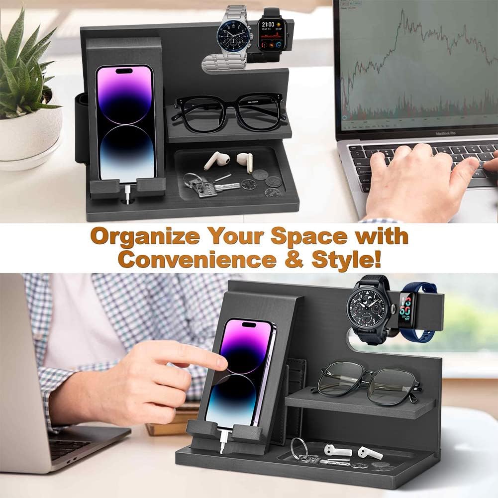 Wood Phone Docking Station - Gifts for Men Desk or Nightstand Organizer - Birthday Gifts for Husband, Fathers Day for Dad - Anniversary Idea from Wife - Key Holder, Stand Wallet, Watch & Essentials