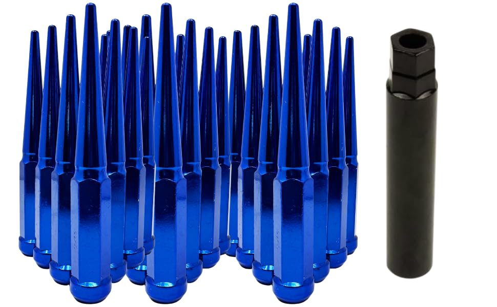 20 Spike Lug Nuts 12x1.5 Blue – 6" Inch Tall Spiked Lug Nuts Set for Aftermarket Wheels with Lock Included – Fits Most Cars, Trucks & SUVs 6 Inch Long Spike Lugz Metal SCM 435 Steel