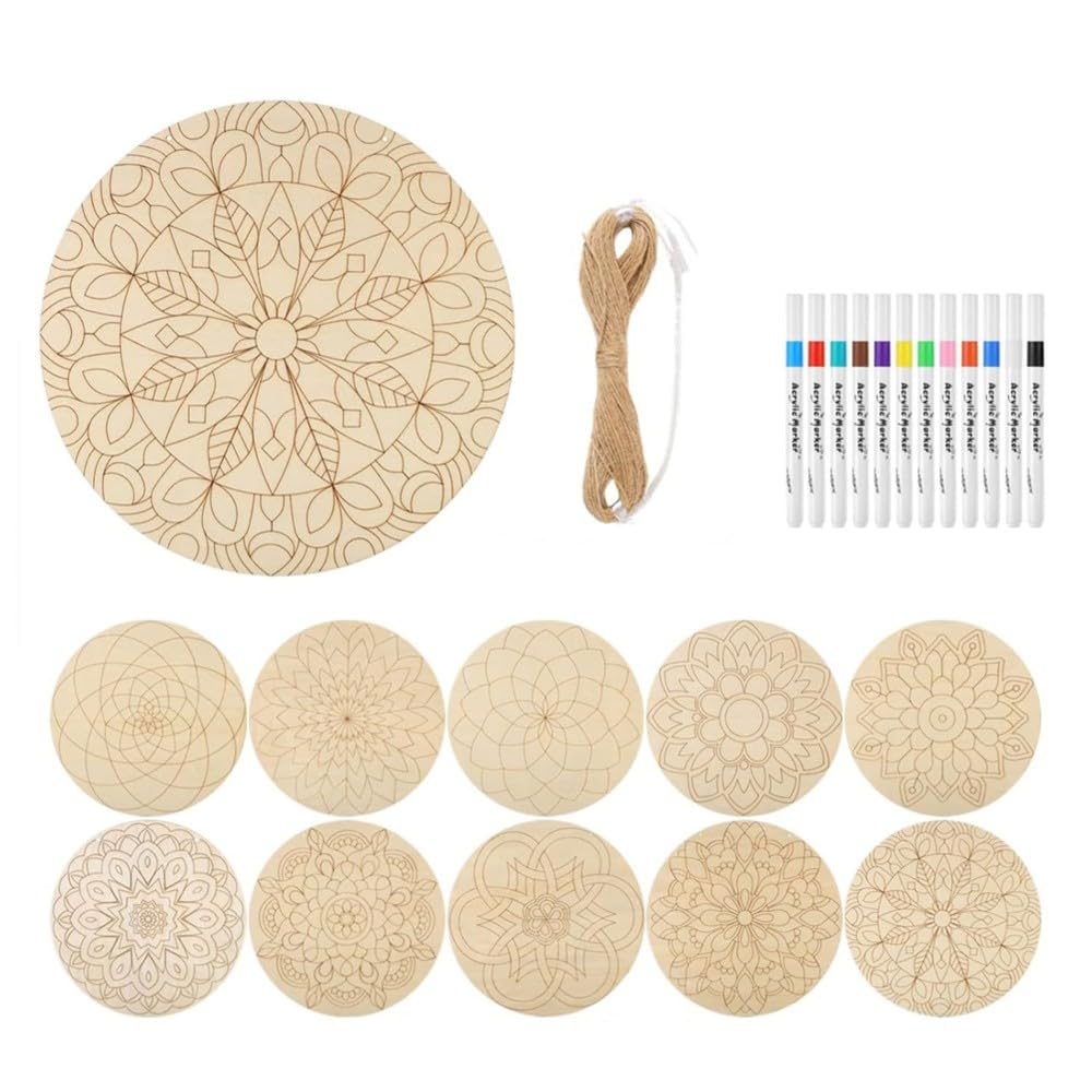 10-Teiliges Mandala-Malset Aus mit Holzscheiben, 12 Acrylmarkern Schnur für Bastelarbeiten und DIY-Heimdekoration