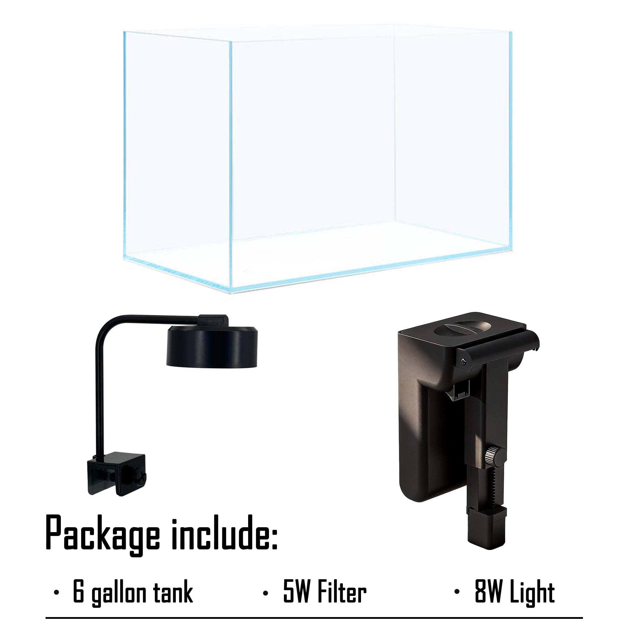 Kit de démarrage pour aquarium, verre à faible teneur en fer avec filtre, lumière LED pour Aquascape DIY petit aquarium Betta (19 litres)