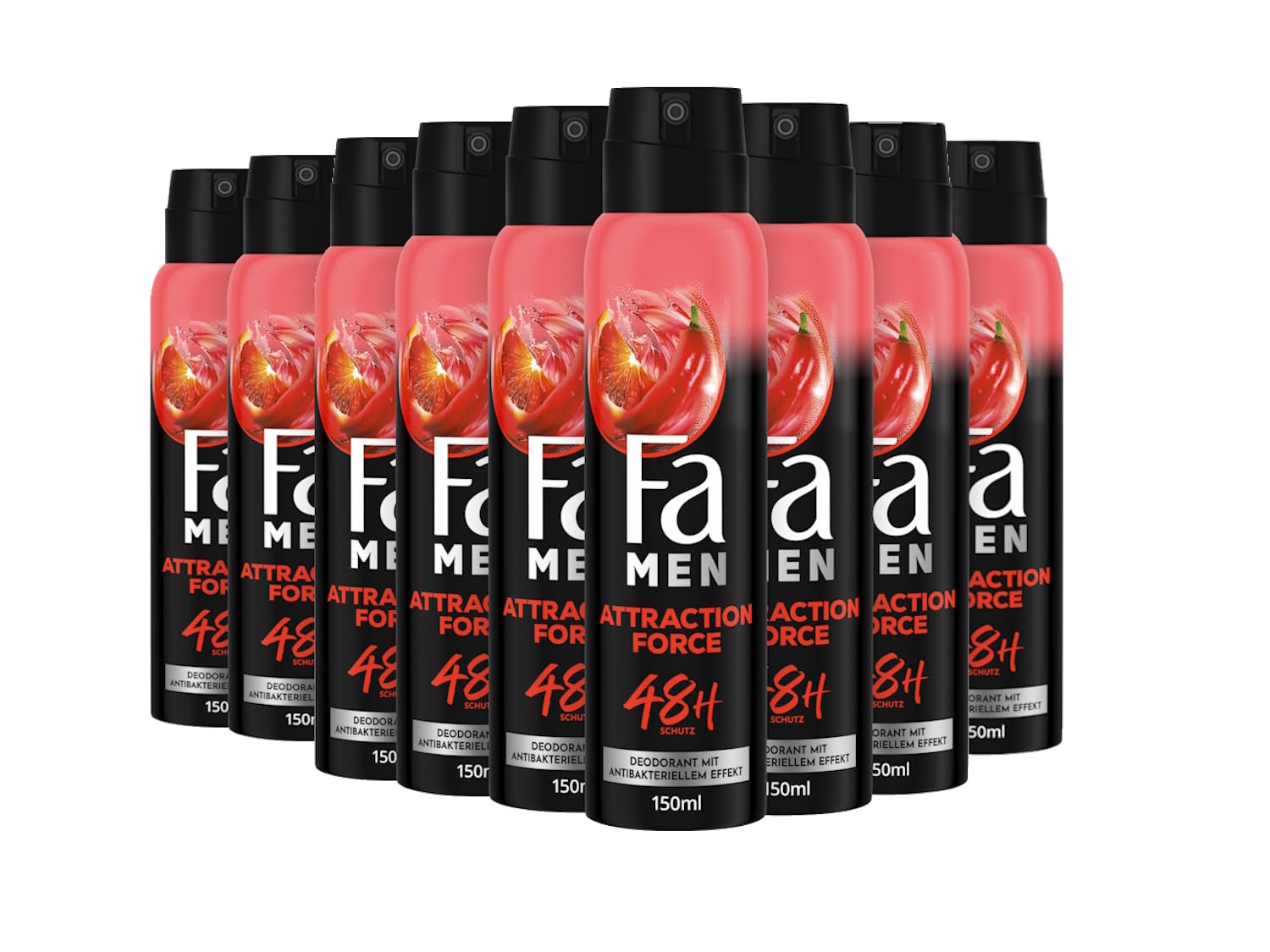 Fa Desodorante y spray corporal Men Attraction Force (9 x 150 ml), desodorante en spray con seductora fragancia, sin aluminio para hasta 48 h de protección, no deja residuos