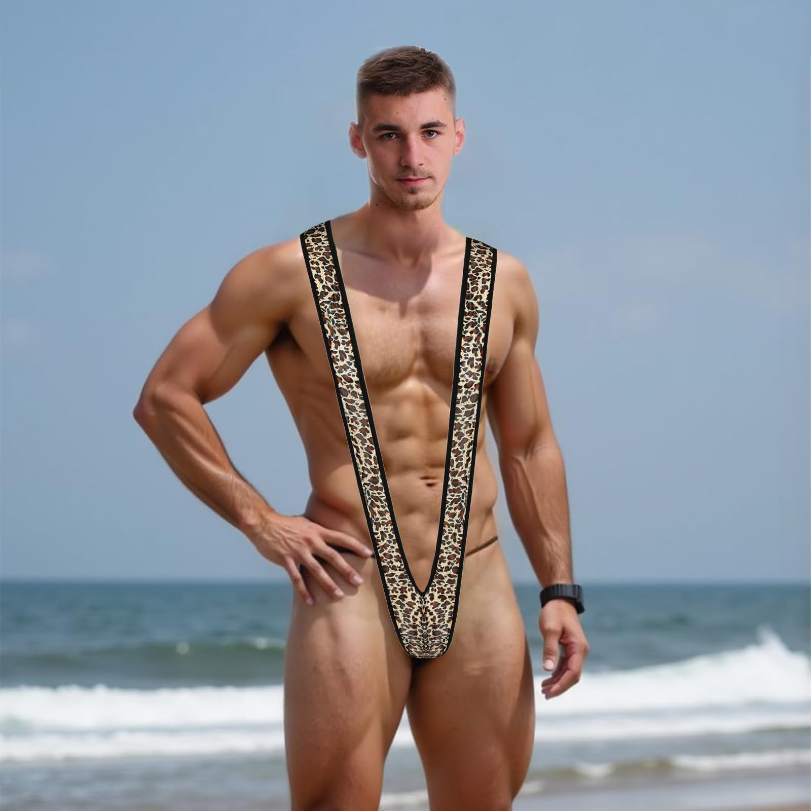 Borat Anzug Männer, Herren String Leopardenmuster Mankini, V-Form Slip Männlich Badeanzug, Lustiger Party-Kostüm Bikini, Tanga Badehose Herren