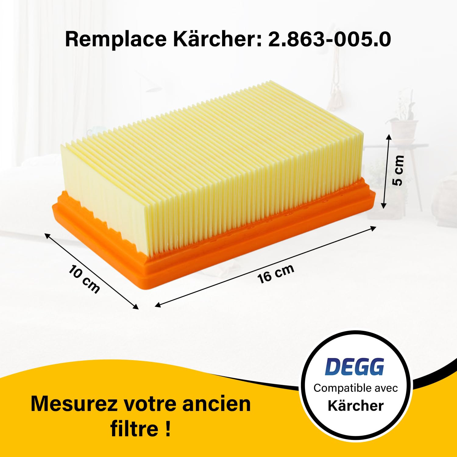 DEGG Filtres Plissés Plats - Compatible avec aspirateurs Kärcher WD4, WD5, WD6, MV4, MV5 et MV6 - Filtre de rechange 2.863-005.0 - Ajustement perfait - Accessoire pour aspirateur - Lot de 2